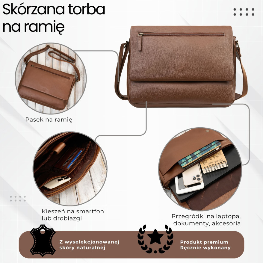 Torba męska na laptopa ze skóry naturalnej brązowa Paolo Peruzzi IM-03-BR