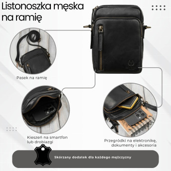 Saszetka męska skórzana na ramię czarna Paolo Peruzzi IM-02-BL | Mała i funkcjonalna
