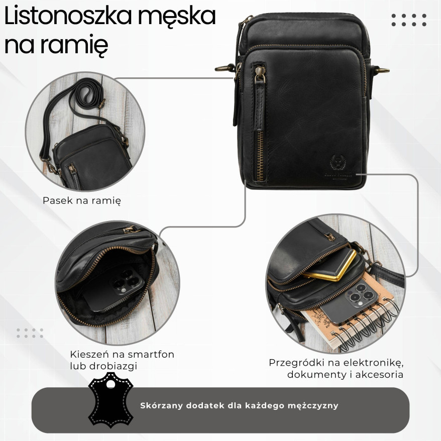Saszetka męska skórzana na ramię czarna Paolo Peruzzi IM-02-BL | Mała i funkcjonalna