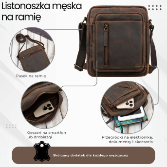 Listonoszka męska skórzana Paolo Peruzzi IM-01-HBR – Brązowa Vintage Saszetka na Ramię