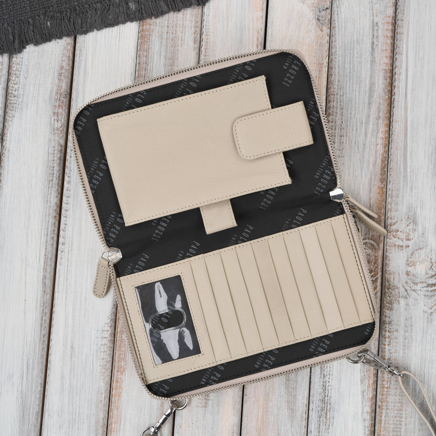 Damska mała torebka skórzana kopertówka beżowa Paolo Peruzzi KV-02-BG – na ramię i do ręki