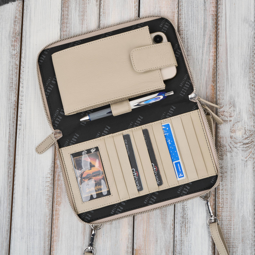 Damska mała torebka skórzana kopertówka beżowa Paolo Peruzzi KV-02-BG – na ramię i do ręki