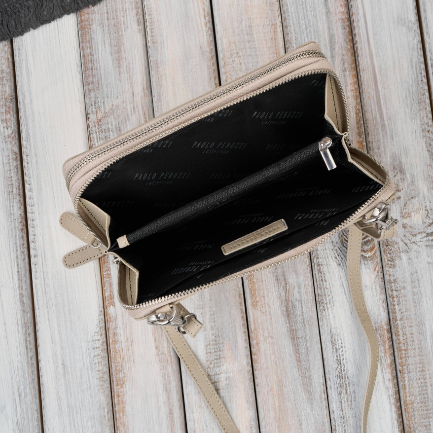 Damska mała torebka skórzana kopertówka beżowa Paolo Peruzzi KV-02-BG – na ramię i do ręki