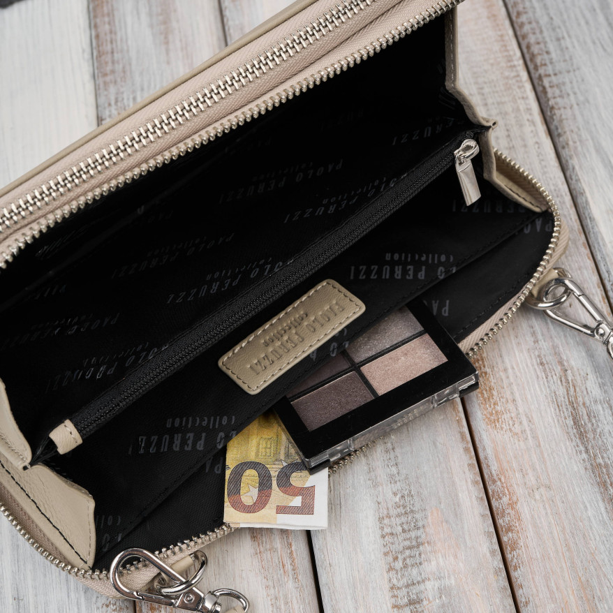 Damska mała torebka skórzana kopertówka beżowa Paolo Peruzzi KV-02-BG – na ramię i do ręki