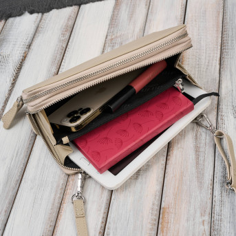 Damska mała torebka skórzana kopertówka beżowa Paolo Peruzzi KV-02-BG – na ramię i do ręki