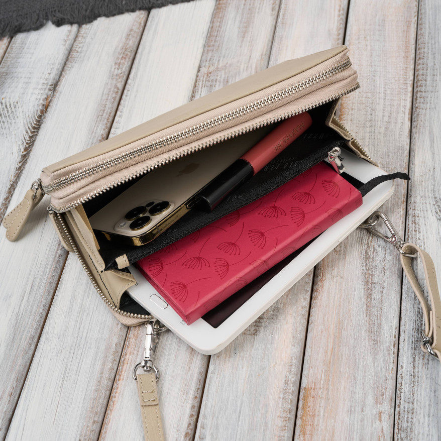 Damska mała torebka skórzana kopertówka beżowa Paolo Peruzzi KV-02-BG – na ramię i do ręki