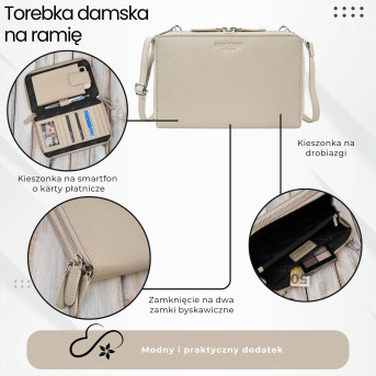 Damska mała torebka skórzana kopertówka beżowa Paolo Peruzzi KV-02-BG – na ramię i do ręki