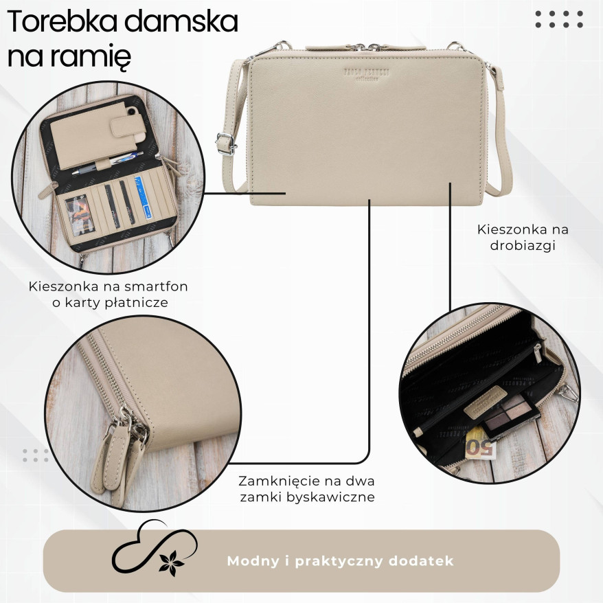 Damska mała torebka skórzana kopertówka beżowa Paolo Peruzzi KV-02-BG – na ramię i do ręki