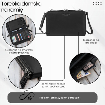 Damska mała torebka skórzana kopertówka czarna Paolo Peruzzi KV-02-BLS – na ramię i do ręki