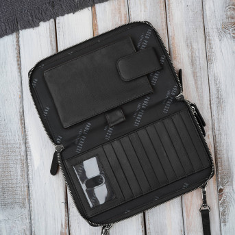 Damska mała skórzana kopertówka czarna ze złotymi okuciami KV-02-BLZ – elegancka torebka na ramię i do ręki