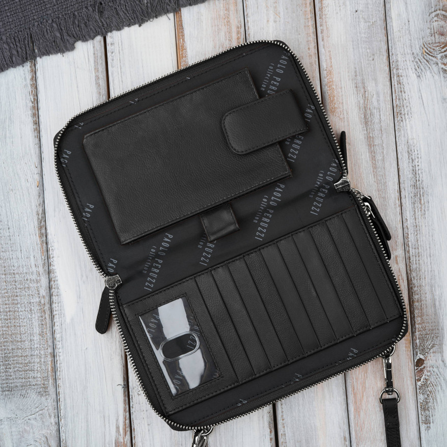 Damska mała skórzana kopertówka czarna ze złotymi okuciami KV-02-BLZ – elegancka torebka na ramię i do ręki