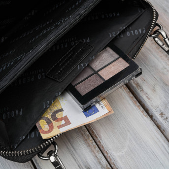 Damska mała skórzana kopertówka czarna ze złotymi okuciami KV-02-BLZ – elegancka torebka na ramię i do ręki