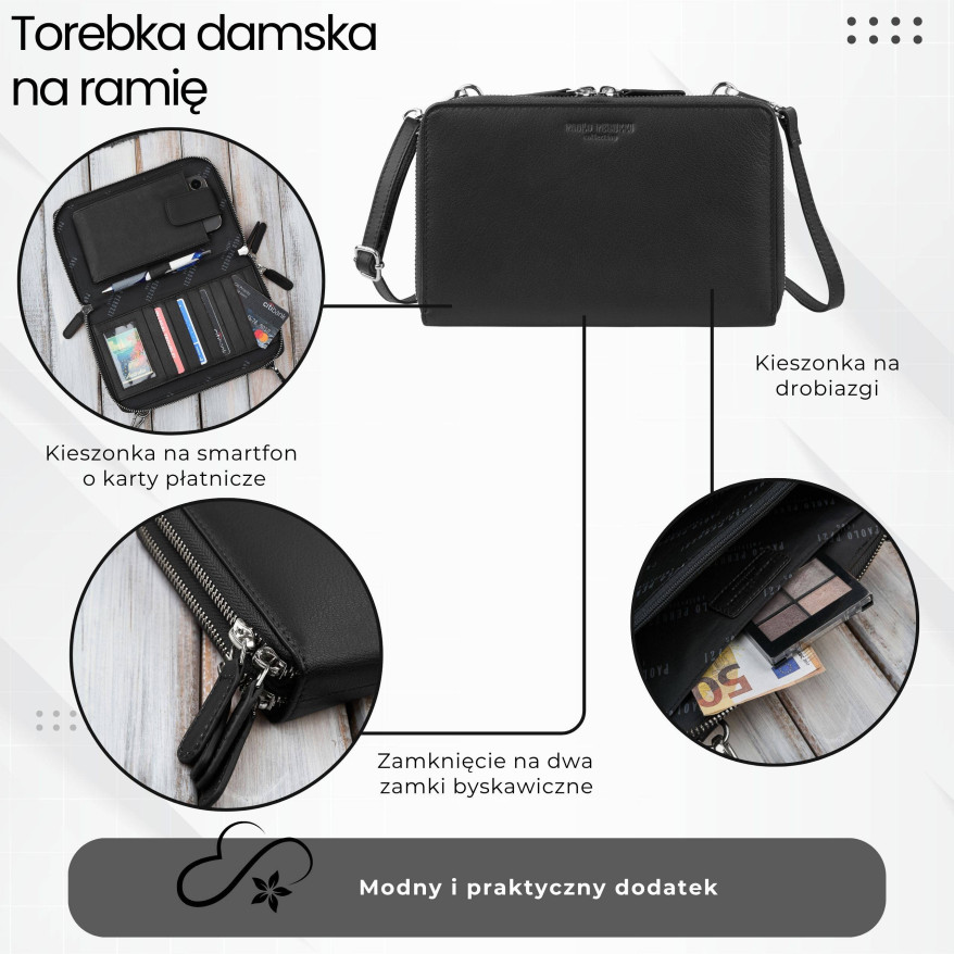 Damska mała skórzana kopertówka czarna ze złotymi okuciami KV-02-BLZ – elegancka torebka na ramię i do ręki