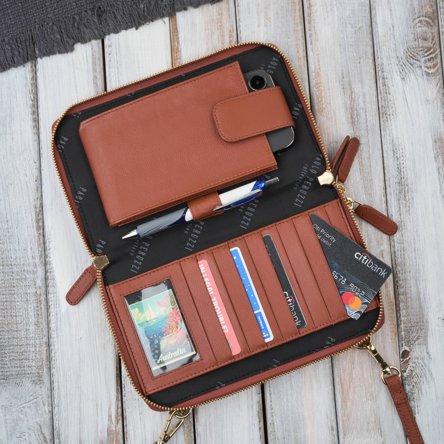 Damska skórzana kopertówka Paolo Peruzzi KV-02-CG – mała torebka koniakowa na ramię i do ręki ze złotymi okuciami