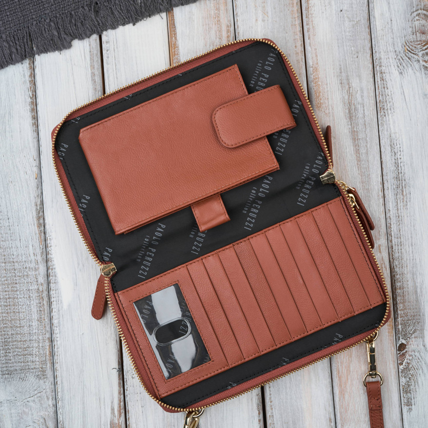 Damska skórzana kopertówka Paolo Peruzzi KV-02-CG – mała torebka koniakowa na ramię i do ręki ze złotymi okuciami