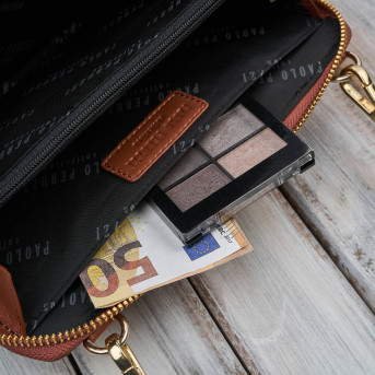 Damska skórzana kopertówka Paolo Peruzzi KV-02-CG – mała torebka koniakowa na ramię i do ręki ze złotymi okuciami