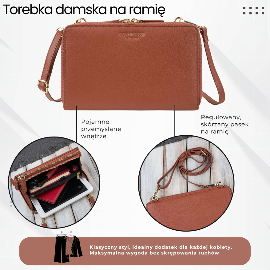 Damska skórzana kopertówka Paolo Peruzzi KV-02-CG – mała torebka koniakowa na ramię i do ręki ze złotymi okuciami