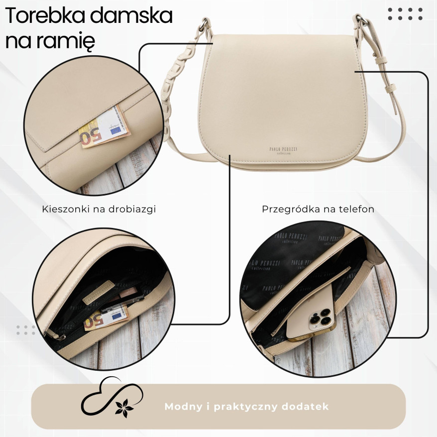 Torebka damska skórzana listonoszka ze skóry licowej modna beżowa Paolo Peruzzi KV-06-BG