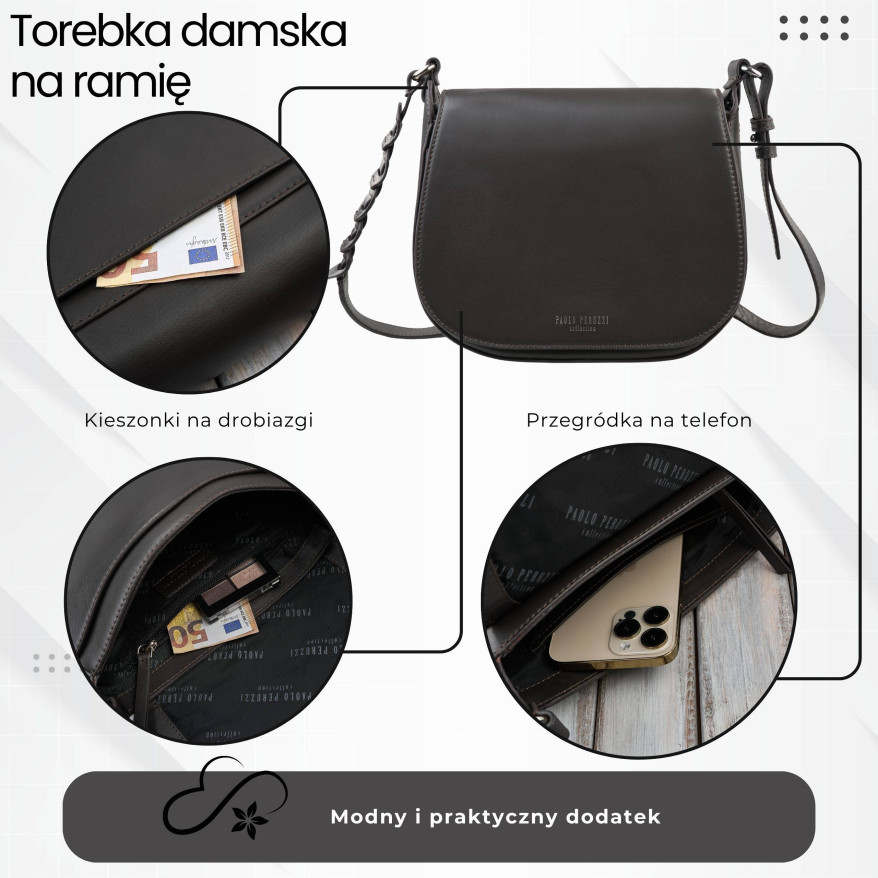 Torebka damska skórzana listonoszka ze skóry licowej modna brązowa Paolo Peruzzi KV-06-BR