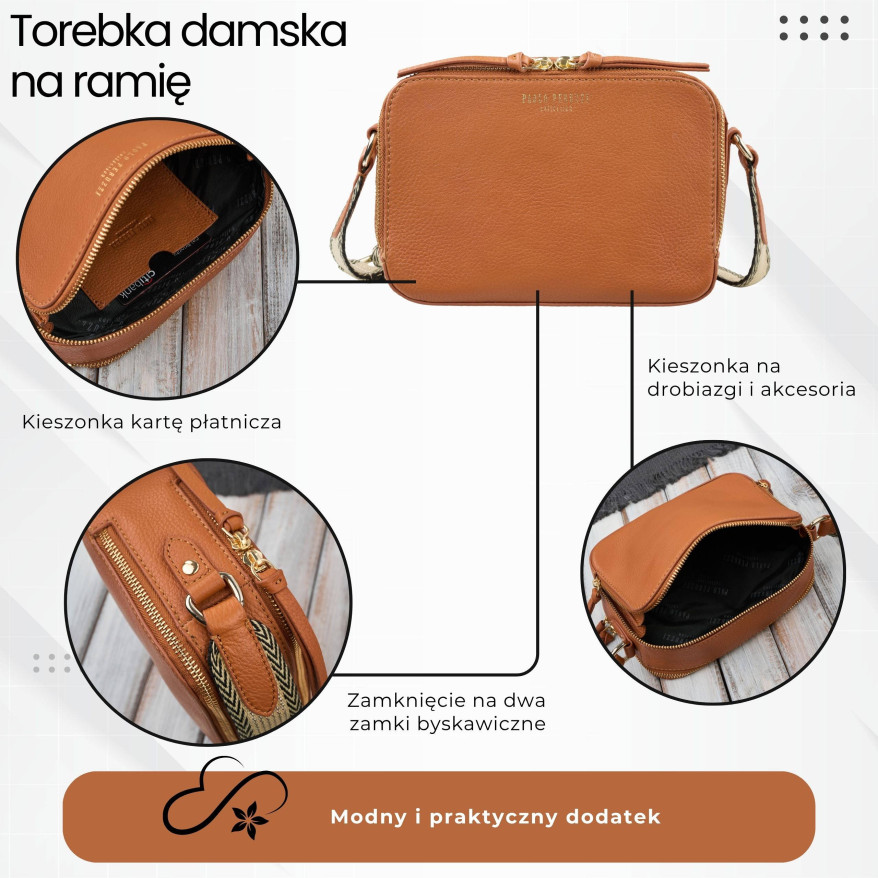 Torebka damska skórzana listonoszka na ramię modna koniakowa Paolo Peruzzi KV-03-CG