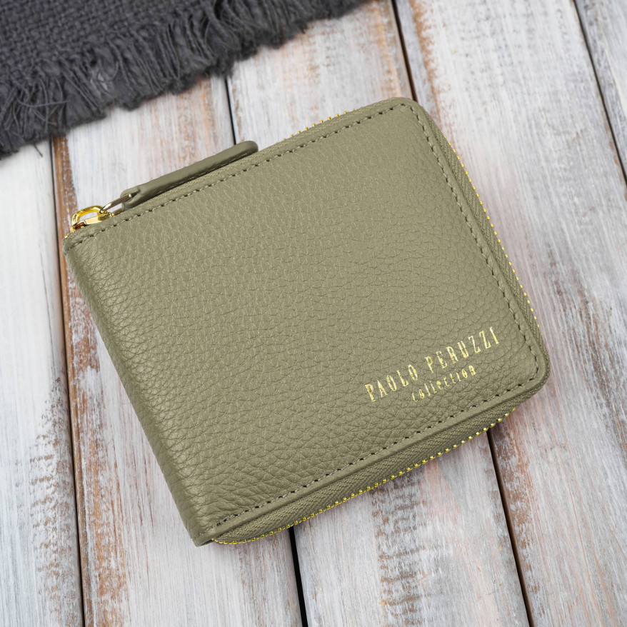Portfel damski skórzany zielony mały RFID Paolo Peruzzi KV-04-GR – poziomy, zapinany na zamek