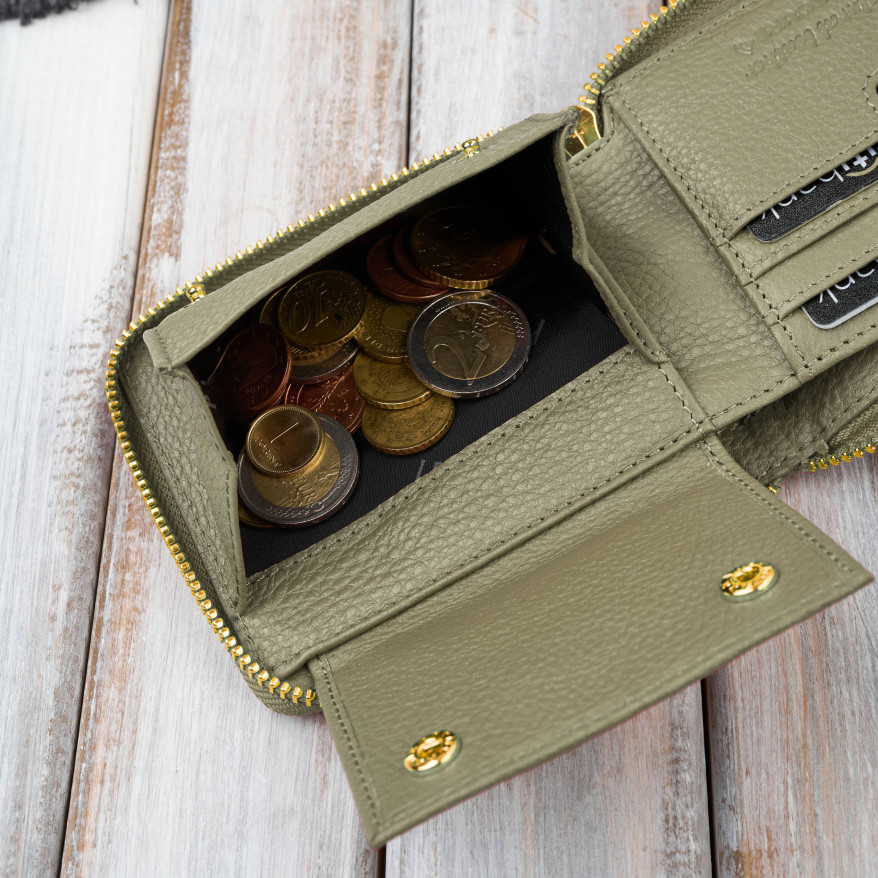 Portfel damski skórzany zielony mały RFID Paolo Peruzzi KV-04-GR – poziomy, zapinany na zamek