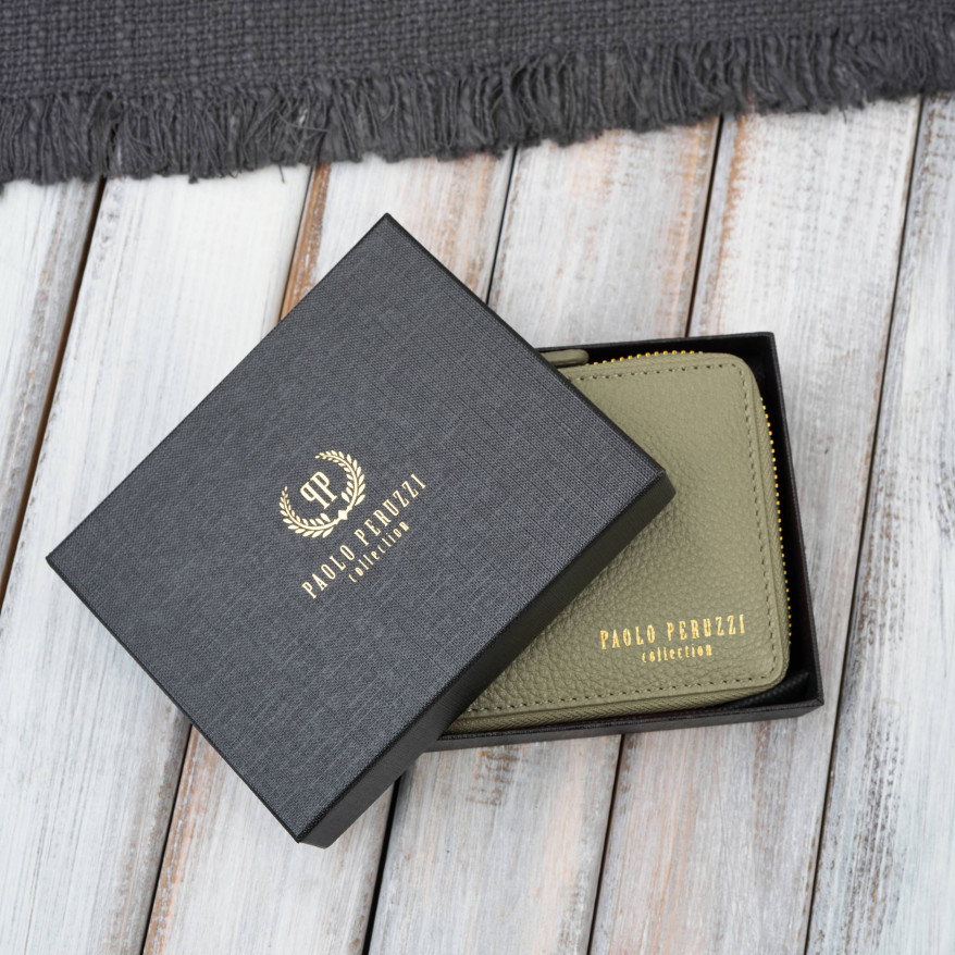 Portfel damski skórzany zielony mały RFID Paolo Peruzzi KV-04-GR – poziomy, zapinany na zamek