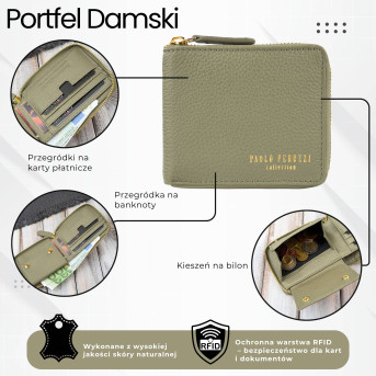 Portfel damski skórzany zielony mały RFID Paolo Peruzzi KV-04-GR – poziomy, zapinany na zamek