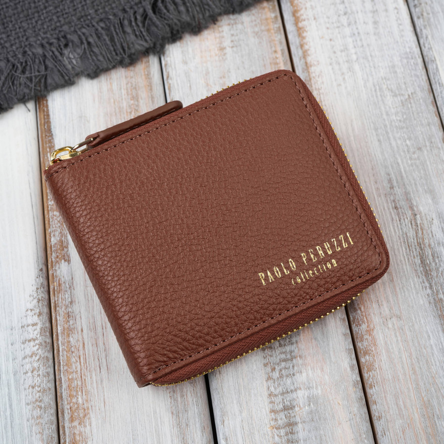 Portfel damski skórzany brązowy mały RFID Paolo Peruzzi KV-04-BR – poziomy, zapinany na zamek