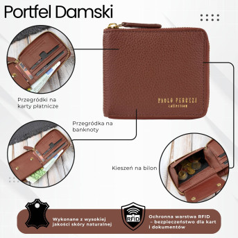 Portfel damski skórzany brązowy mały RFID Paolo Peruzzi KV-04-BR – poziomy, zapinany na zamek