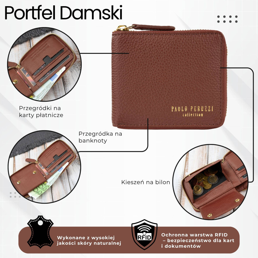 Portfel damski skórzany brązowy mały RFID Paolo Peruzzi KV-04-BR – poziomy, zapinany na zamek