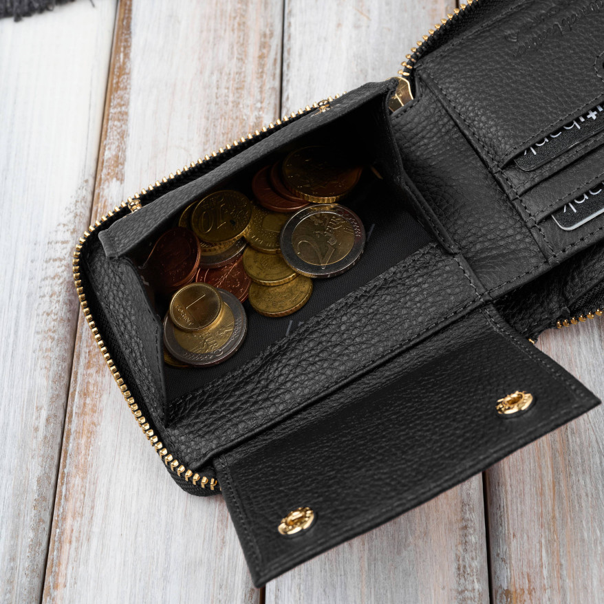 Portfel damski skórzany czarny mały RFID Paolo Peruzzi KV-04-BL – poziomy, zapinany na zamek