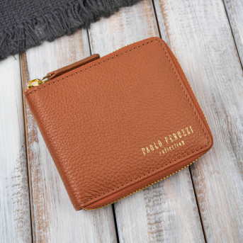 Portfel damski skórzany koniakowy mały RFID Paolo Peruzzi KV-04-CG – poziomy, zapinany na zamek
