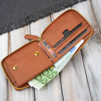 Portfel damski skórzany koniakowy mały RFID Paolo Peruzzi KV-04-CG – poziomy, zapinany na zamek