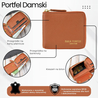 Portfel damski skórzany koniakowy mały RFID Paolo Peruzzi KV-04-CG – poziomy, zapinany na zamek