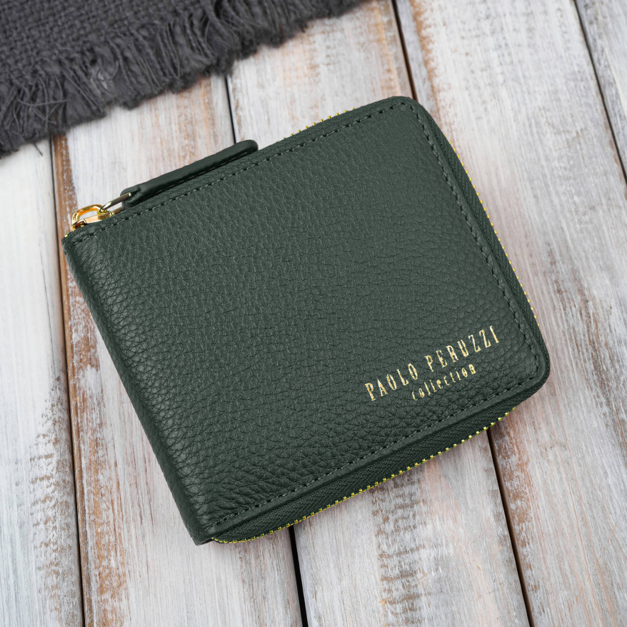 Portfel damski skórzany ciemnozielony mały RFID Paolo Peruzzi KV-04-DGR – poziomy, zapinany na zamek