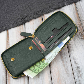 Portfel damski skórzany ciemnozielony mały RFID Paolo Peruzzi KV-04-DGR – poziomy, zapinany na zamek