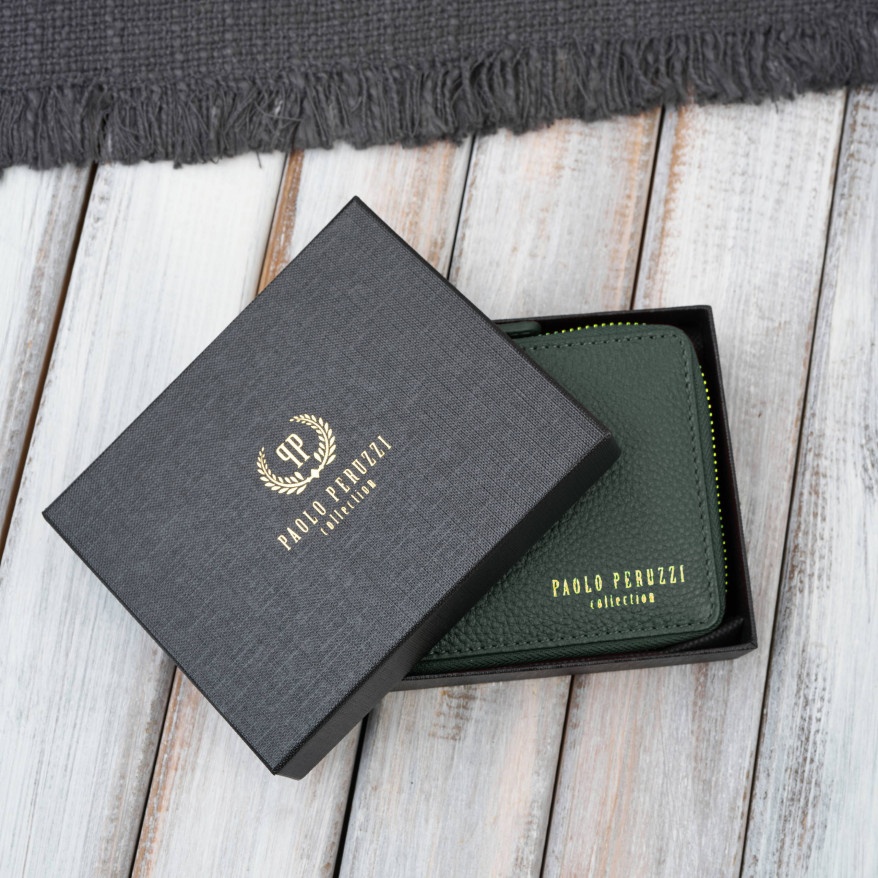 Portfel damski skórzany ciemnozielony mały RFID Paolo Peruzzi KV-04-DGR – poziomy, zapinany na zamek