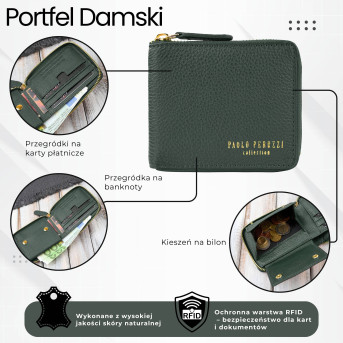 Portfel damski skórzany ciemnozielony mały RFID Paolo Peruzzi KV-04-DGR – poziomy, zapinany na zamek