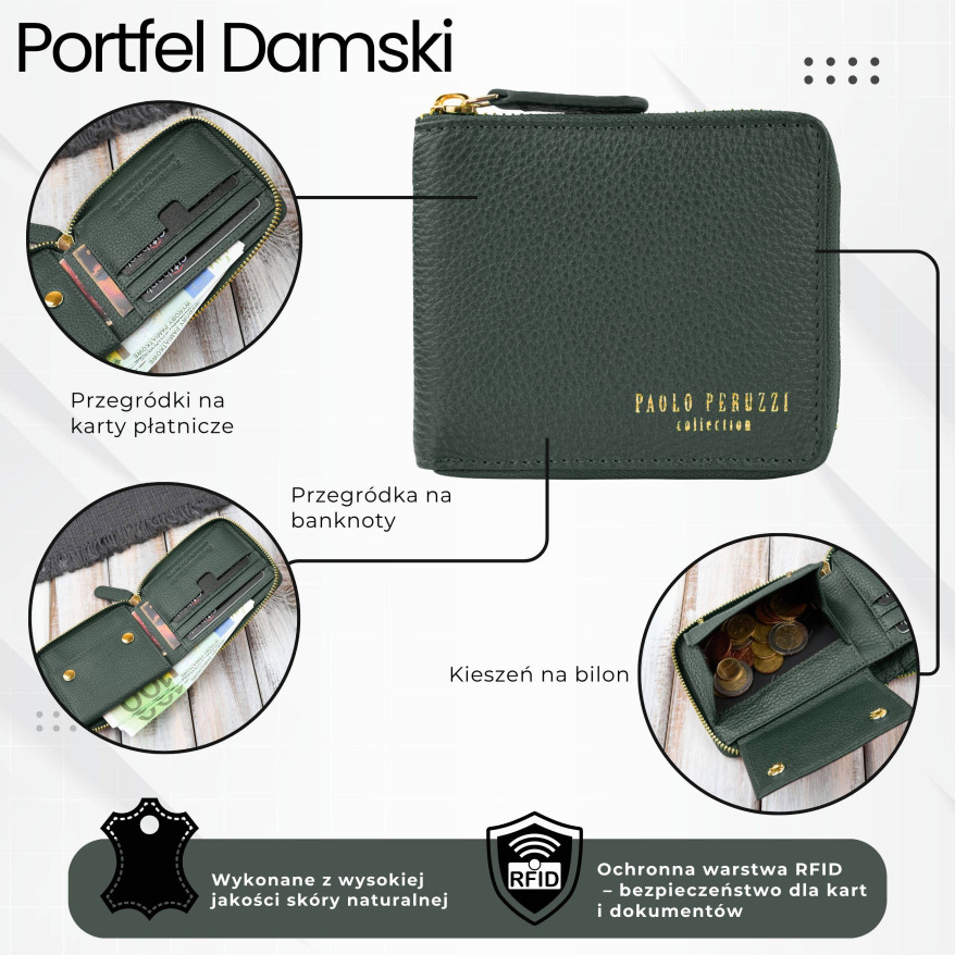 Portfel damski skórzany ciemnozielony mały RFID Paolo Peruzzi KV-04-DGR – poziomy, zapinany na zamek