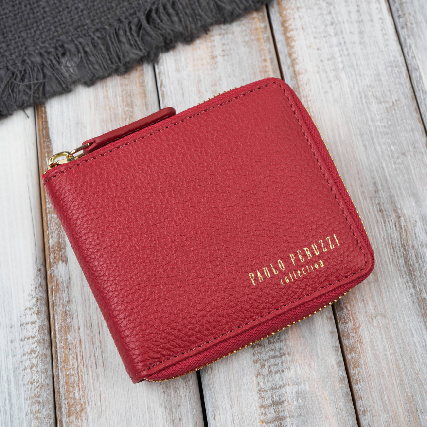 Portfel damski skórzany czerwony mały RFID Paolo Peruzzi KV-04-RD – poziomy, zapinany na zamek