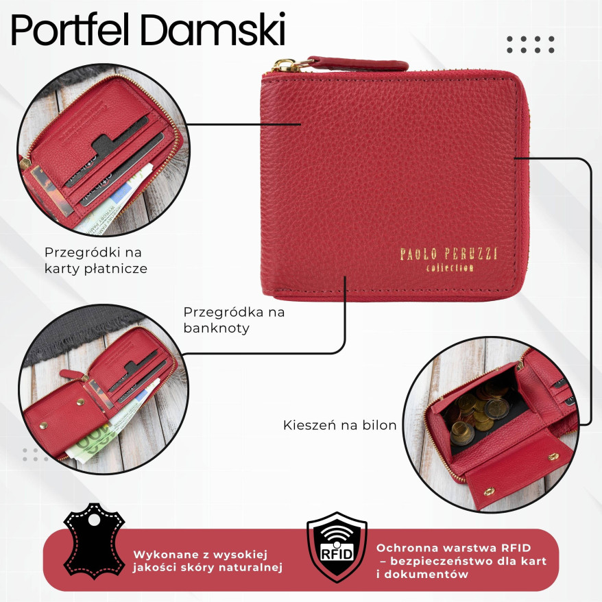 Portfel damski skórzany czerwony mały RFID Paolo Peruzzi KV-04-RD – poziomy, zapinany na zamek