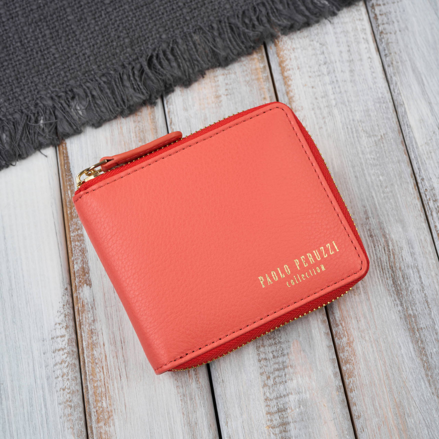 Portfel damski skórzany pomarańczowy mały RFID Paolo Peruzzi KV-04-OR – poziomy, zapinany na zamek