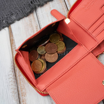 Portfel damski skórzany pomarańczowy mały RFID Paolo Peruzzi KV-04-OR – poziomy, zapinany na zamek