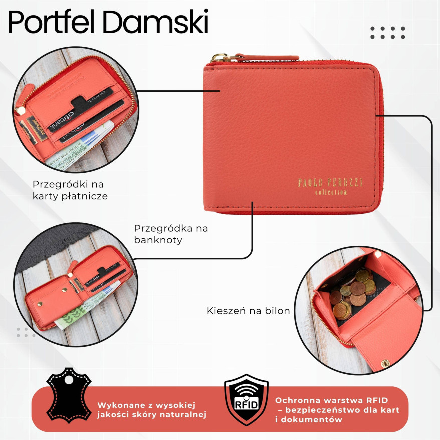 Portfel damski skórzany pomarańczowy mały RFID Paolo Peruzzi KV-04-OR – poziomy, zapinany na zamek