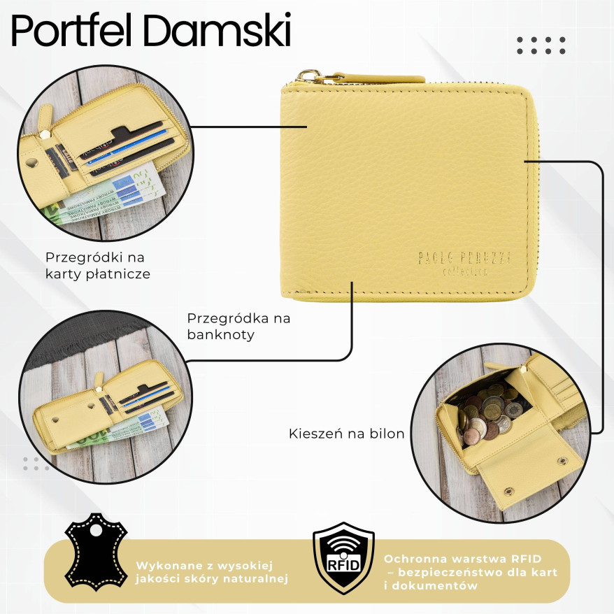 Portfel damski skórzany żółty mały RFID Paolo Peruzzi KV-04-YL – poziomy, zapinany na zamek