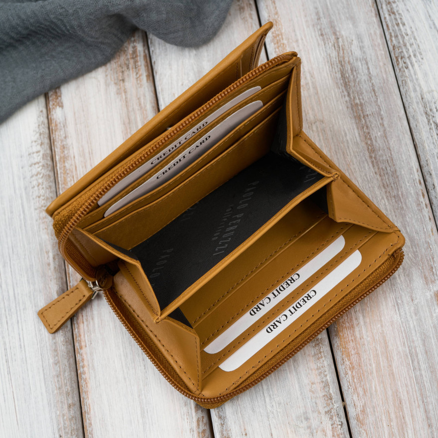 Portfel damski skórzany mały żółty w orientacji poziomej z RFID Paolo Peruzzi SL-06-MNG