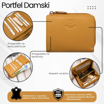 Portfel damski skórzany mały żółty w orientacji poziomej z RFID Paolo Peruzzi SL-06-MNG