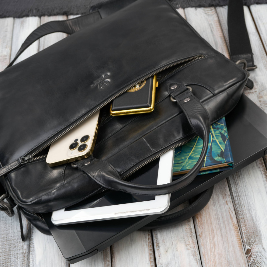 Torba męska na ramię do ręki skórzana na laptopa dokumenty A4 czarna pojemna SL-08-BL