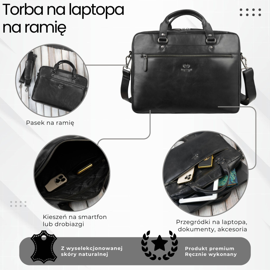 Torba męska na ramię do ręki skórzana na laptopa dokumenty A4 czarna pojemna SL-08-BL